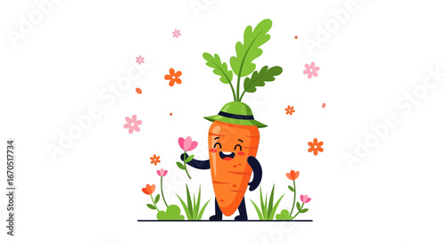 Happy Carrot Holding Flower With Hat Around Springtime Illustration Design