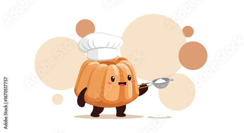 Happy Cartoon Bundt Cake Baker Ready To Sprinkle Powdered Sugar Illustration