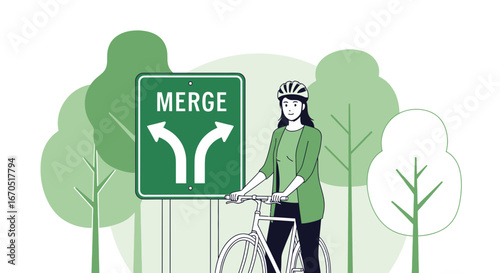 Merge Path And Bicycle Trip Through A Green Urban Landscape Illustration