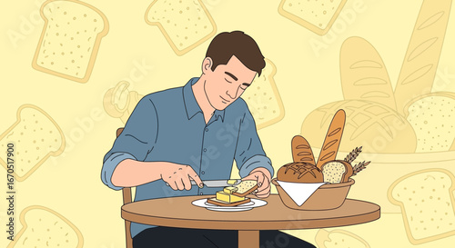 Morning Ritual Man Spreading Butter On Toast With Assorted Bread Background