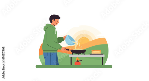 Morning Meal Preparation Outdoor On A Portable Stove With A Sunrise Backdrop