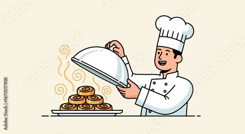 Happy Chef Displaying Delicious Freshly Baked Cinnamon Rolls Under Cloche