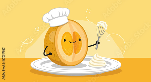 Happy Citrus Chef Preparing Dessert Dish Cartoon Illustration for Culinary Content