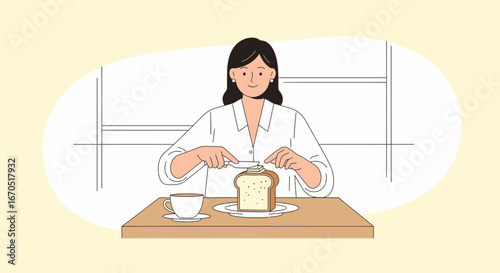 Morning Ritual Woman Spreads Butter on Toast at Table With Coffee