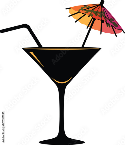 Tropical summer cocktail with a straw and umbrella