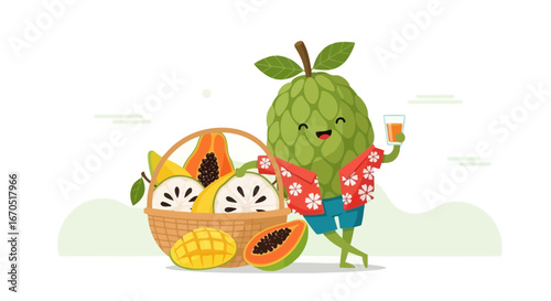 Happy Custard Apple Cartoon Character Enjoying Tropical Fruits And a Refreshing Drink