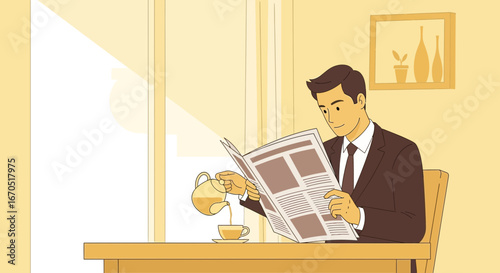 Morning Routine Of A Businessman Reading Newspaper And Drinking Tea