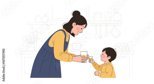 Mother Giving Juice To Her Son In Minimalistic Kitchen Illustration