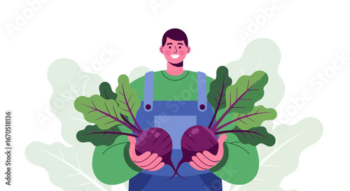 Happy Farmer Holding Fresh Organic Beets After Harvest Season Finished