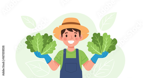 Happy Farmer Holding Fresh Lettuce Harvest From His Organic Garden