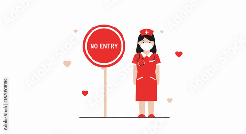 Nurse During Pandemic Stand Next To No Entry Sign Vector Illustration