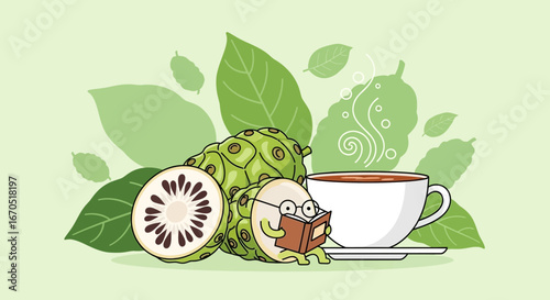 Noni Fruit Cartoon Character Reading a Book with Tea Illustration