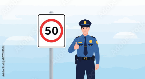 Obeying the Law Officer Approves the Speed Limit of Fifty Kilometers