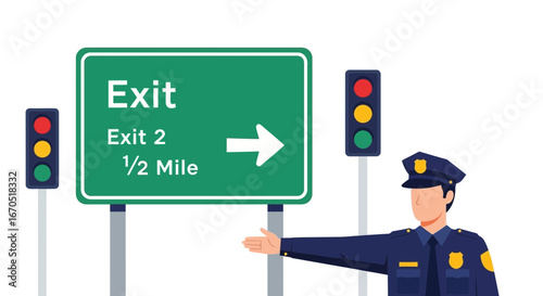 Officer Directing Traffic At Highway Exit Next To Signals And Information Sign