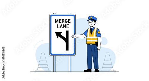 Officer Guides Traffic at Merge Lane for Increased Roadway Safety