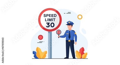 Officer Enforcing Speed Limits With Stop Sign At 30 Miles Per Hour Zone