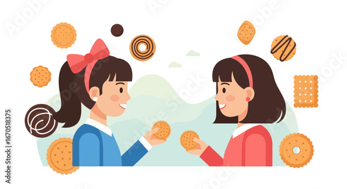 Happy Girls Sharing Cookies Together In A Sweet Scene Illustration Flat Style
