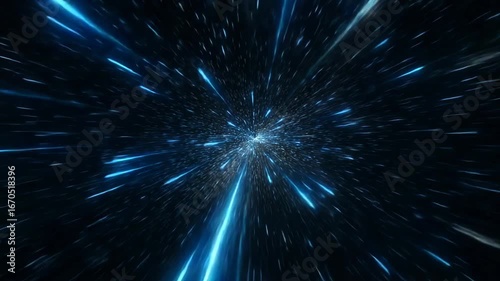 Abstract warp speed effect with glowing blue light streaks in space