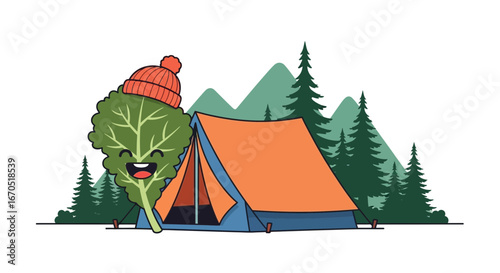 Happy Leaf Adventurer's Winter Camp Illustration Featuring Mountain Forest Scene