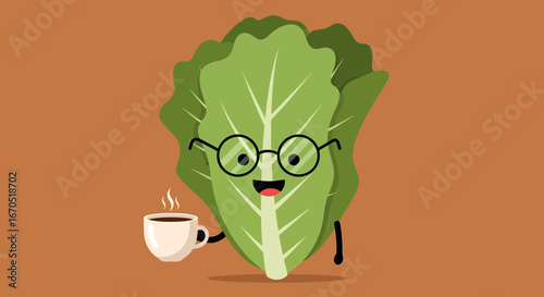 Happy Lettuce With Glasses Enjoying A Cup Of Hot Coffee Illustration