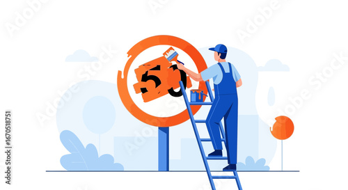 Painter Repairing Fifty Symbol On Signpost With Brush On Ladder
