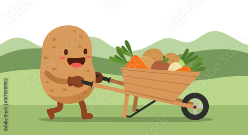 Happy Potato Cartoon Character Pushing Wheelbarrow Full Of Vegetables Outdoors