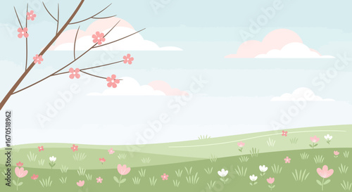 Pastel Spring Meadow With Blossoming Tree And Rolling Hills Landscape