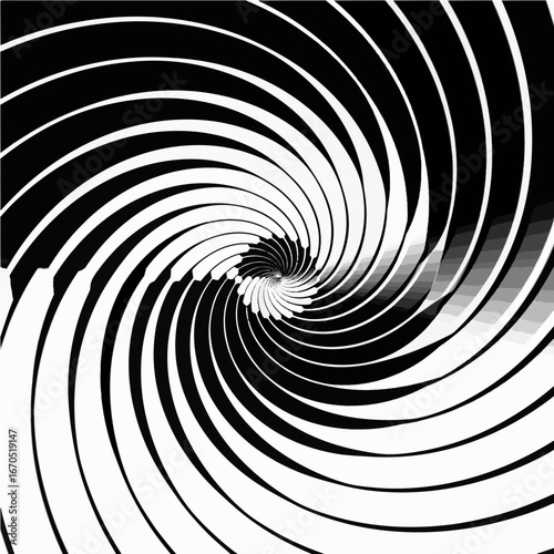 Dynamic black and white spiral vortex creates hypnotic optical illusion, perfect for modern design