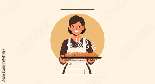 Happy Woman Chef Holding Tray With Freshly Baked Bread In Minimalist Style