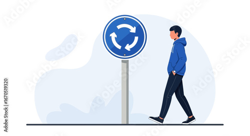 Pedestrian Navigating Roundabout Route on Urban Walkway Illustration