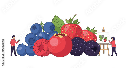 People Capturing and Painting Fresh Berries Collection Still Life Scene