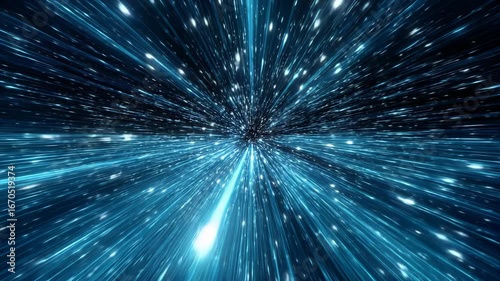 Abstract warp speed tunnel with glowing blue light rays in space