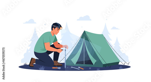 Person Assembling Tent Outdoors Surrounded by Nature in The Forest