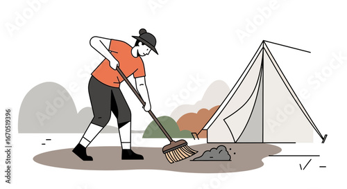 Person Cleaning Camping Area With Broom Near Tent During Outdoors Vacation