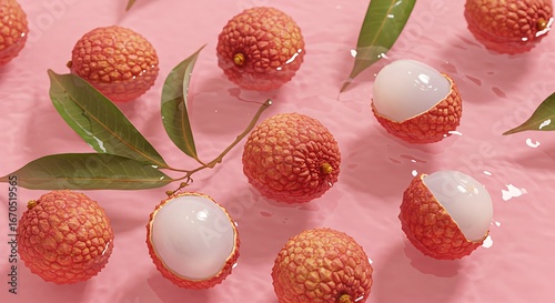 Aesthetic lychee display with leaves under rippled water on light pink backdrop
