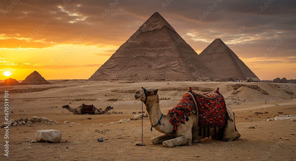 Fototapeta premium Majestic Egyptian Pyramids and Camels at Sunset with Golden Sky