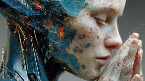 Serene Cyborg Woman with Speckled Texture and Gold Accents