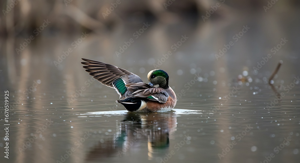 Obraz premium Male American Wigeon Duck Preening in Calm Water with Wing Extended
