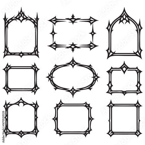 Gothic game frame set, vector fantasy medieval border, vintage tribal symmetry mystic design element vector