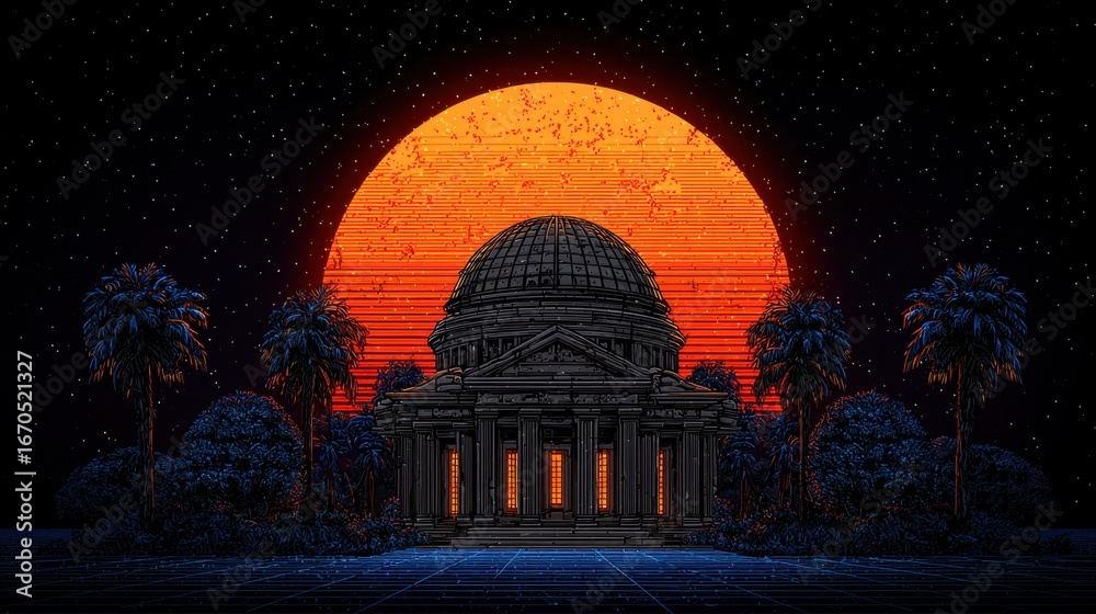 Fototapeta premium Ancient architecture illuminated by a setting sun with palm trees silhouettes in the foreground