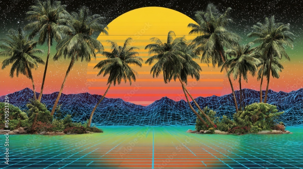 Naklejka premium Tropical paradise with palm trees silhouette at sunset