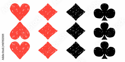 Hand drawn playing card suits hearts diamonds and clubs in red and black on white background