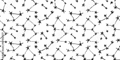 Seamless pattern of hand drawn star constellations and connecting dotted lines on a white background