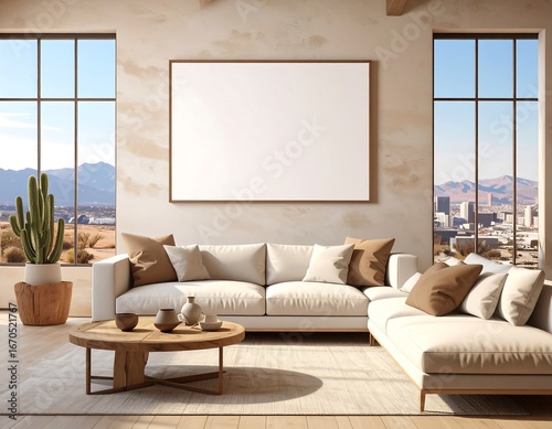 Living room interior with large frame mockup on textured wall white sofa pillows cactus and city view windows