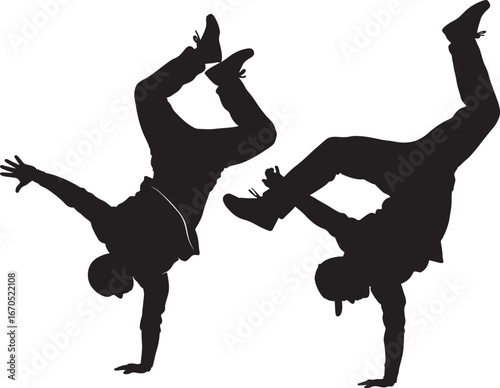 Two breakdancers performing headstand poses