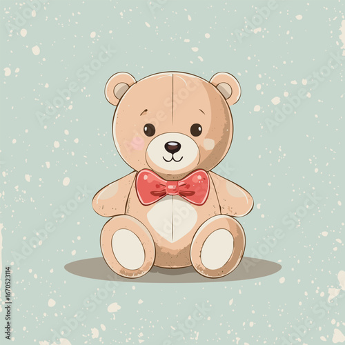 Cute teddy bear with red bow tie sitting on a pastel background. Adorable toy illustration, perfect for children, nursery decor, prints, greeting cards, and gifts