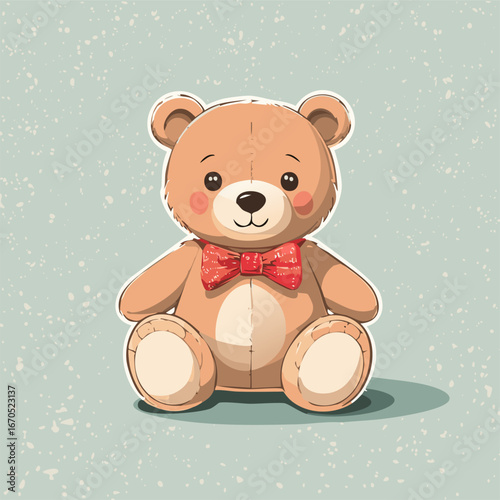 Cute teddy bear with red bow tie sitting on a pastel background. Adorable toy illustration, perfect for children, nursery decor, prints, greeting cards, and gifts