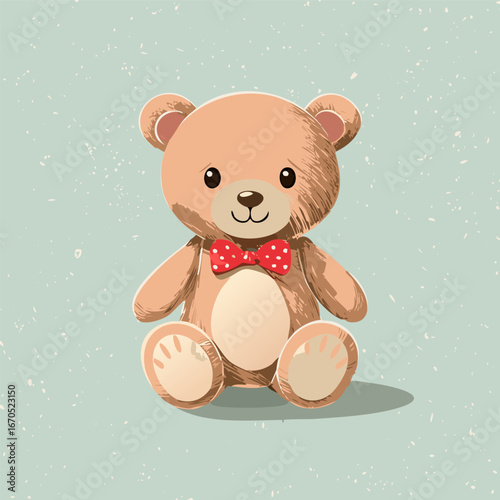 Cute teddy bear with red bow tie sitting on a pastel background. Adorable toy illustration, perfect for children, nursery decor, prints, greeting cards, and gifts