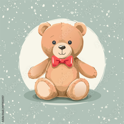 Cute teddy bear with red bow tie sitting on a pastel background. Adorable toy illustration, perfect for children, nursery decor, prints, greeting cards, and gifts