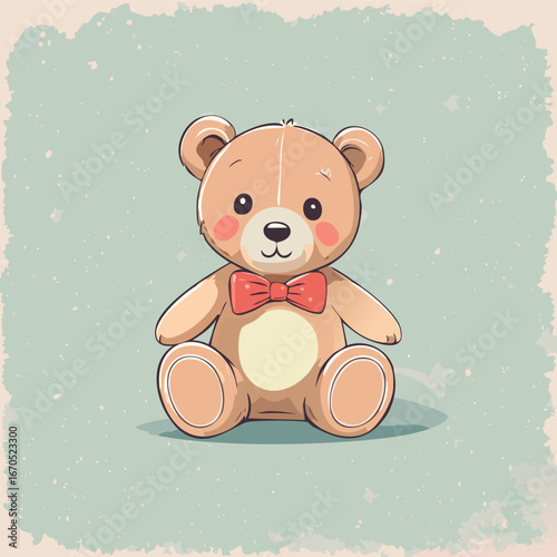 Cute teddy bear with red bow tie sitting on a pastel background. Adorable toy illustration, perfect for children, nursery decor, prints, greeting cards, and gifts